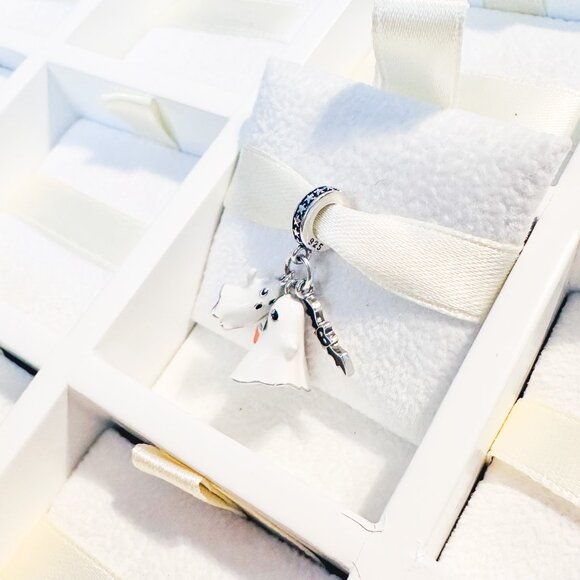 925 Sterling Silver Glow In The Dark Ghost Duet With Bat Dangle Charm - Picture 7 of 8